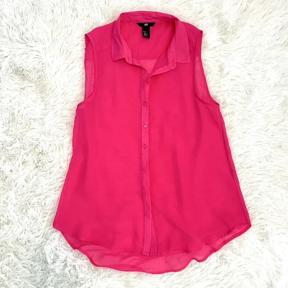 H&M Sheer Pink Sleeveless Button Down Top, 6 - Picture 1 of 2